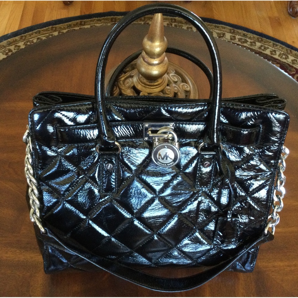 Michael Kors HAMILTON Black PATENT LEATHER Quilted Satchel Handbag Shoulder Bag